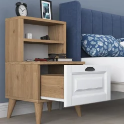 Comodino Marrone Rovere Bianco un Cassetto un Ripiano 45x40x74h cm, Apertura Scorrevole - Salassa