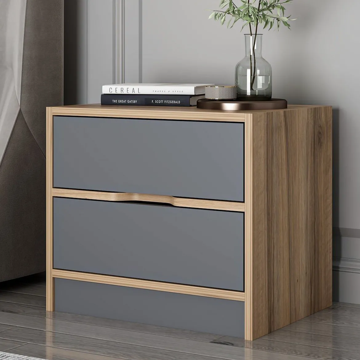 Comodino Nero Antracite Marrone Noce 4 Cassetti Apertura Scorrevole 54x40x47h cm, Chiusura Scorrevole - Legnago