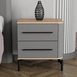 Comodino Nero Antracite Marrone Rovere 2 Cassetti un Ripiano 52x40x56h cm, Apertura Scorrevole - Ojai