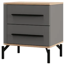 Comodino Nero Antracite Marrone Rovere 2 Cassetti un Ripiano 52x40x56h cm, Apertura Scorrevole - Ojai