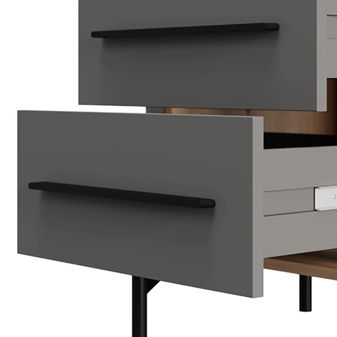 Comodino Nero Antracite Marrone Rovere 2 Cassetti un Ripiano 52x40x56h cm, Apertura Scorrevole - Ojai