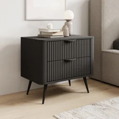 Comodino Nero 2 Cassetti un Ripiano 63x38x55h cm, Apertura Scorrevole - Baari
