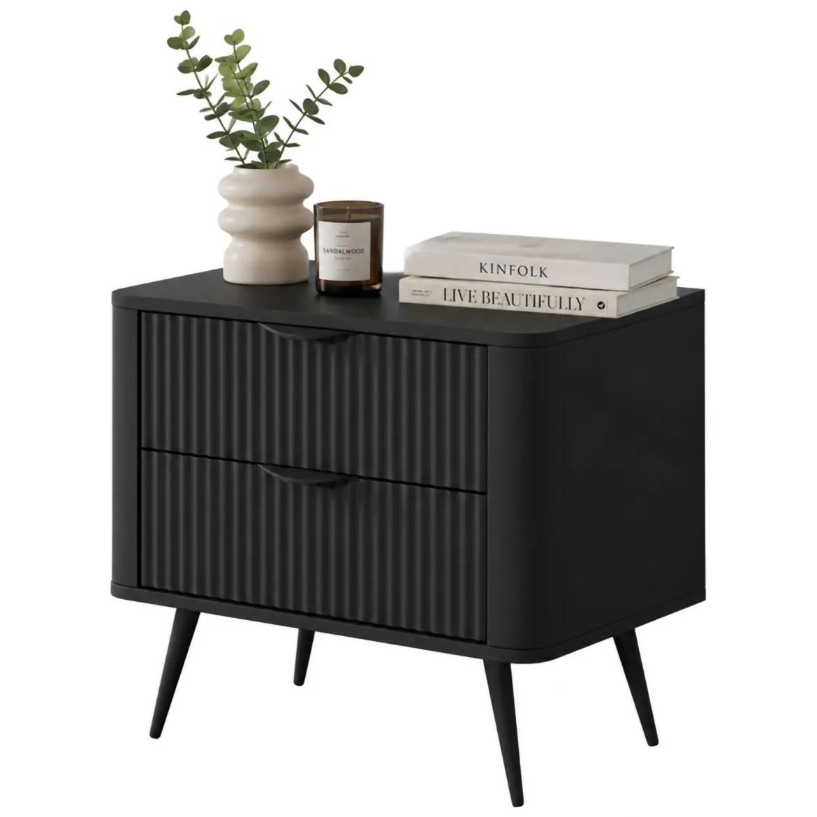 Comodino Nero 2 Cassetti un Ripiano 63x38x55h cm, Apertura Scorrevole - Baari