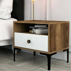 Comodino 2 ripiani noce e bianco 56x40x50h cm - Editta