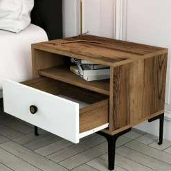 Comodino 2 ripiani noce e bianco 56x40x50h cm - Editta