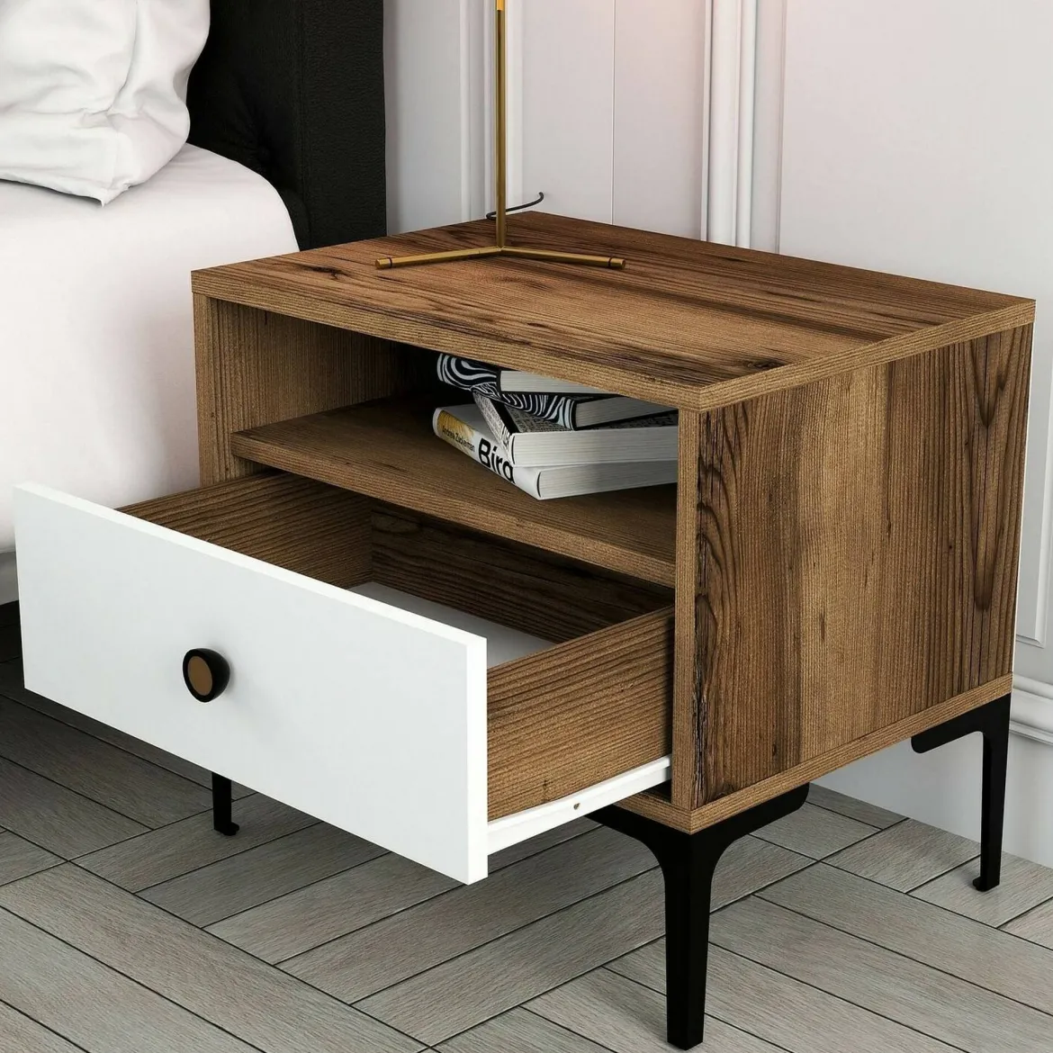 Comodino 2 ripiani noce e bianco 56x40x50h cm - Editta