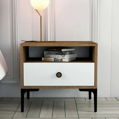 Comodino 2 ripiani noce e bianco 56x40x50h cm - Editta