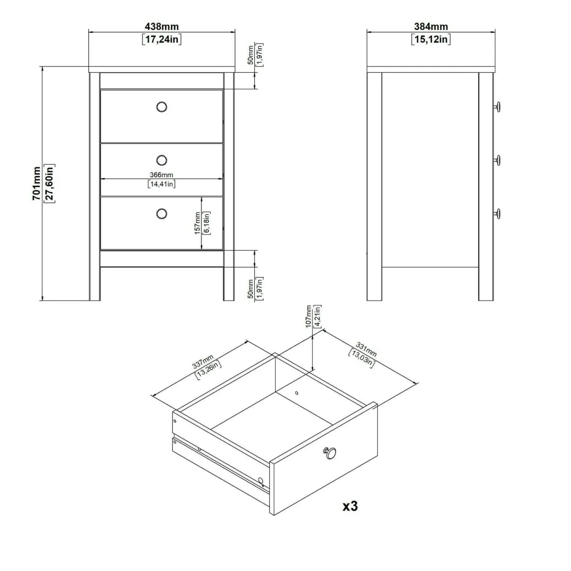 Comodino 1 ripiano nero 43x38x70h cm - Lombardia