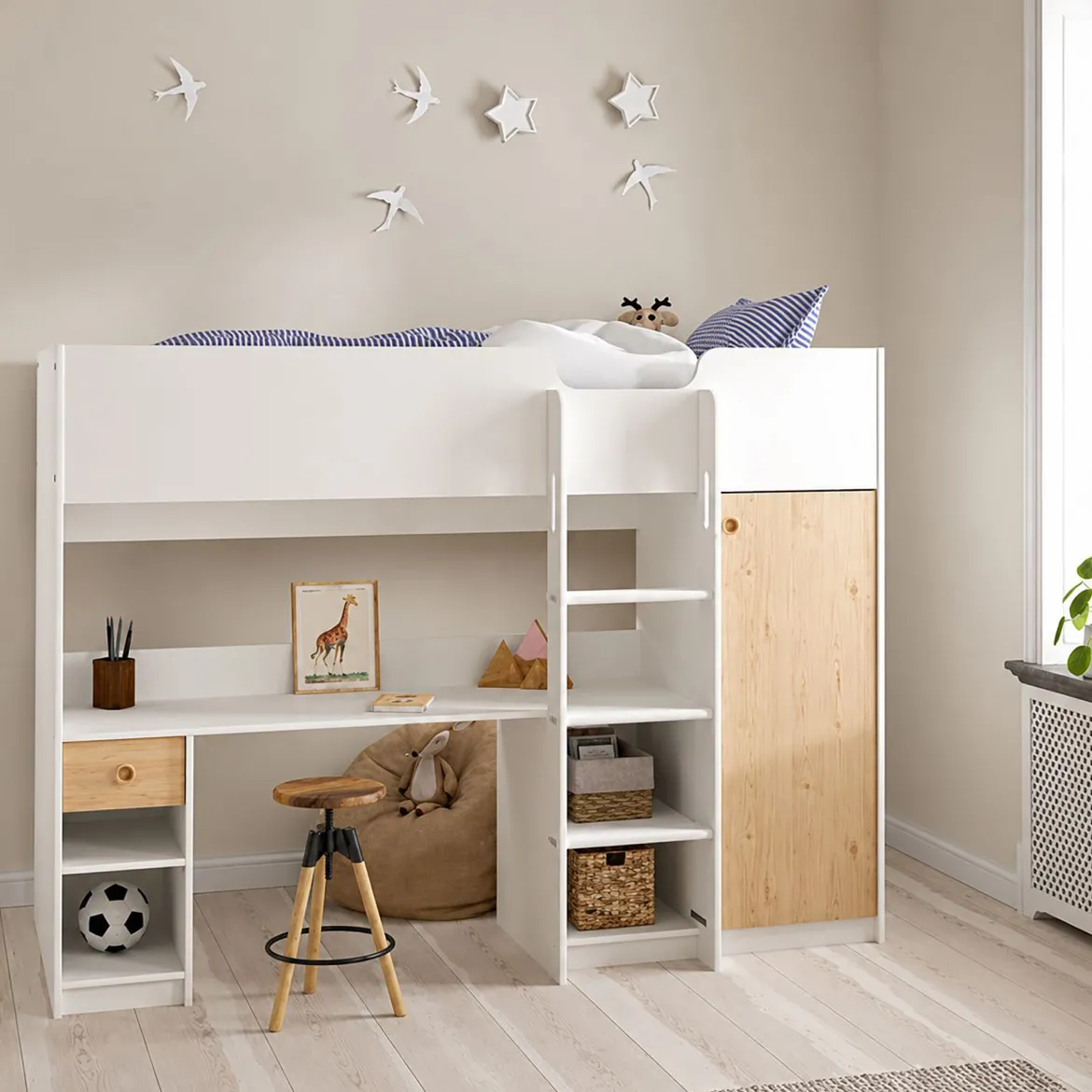 Composizione Camera da Letto Bianco Reversibile per Cameretta 90x54x79h cm, Misure Elementi Scrivania: 90x54h79, Libreria: 52x25h180 cm - Gaggi