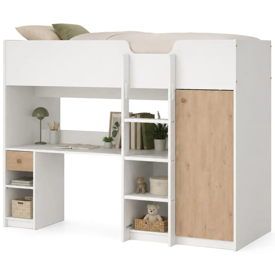 Composizione Camera da Letto Bianco Reversibile per Cameretta 90x54x79h cm, Misure Elementi Scrivania: 90x54h79, Libreria: 52x25h180 cm - Gaggi