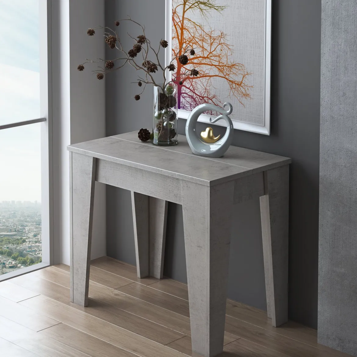 Consolle Allungabile Grigio Cemento Allungabile 12 Posti 305.6x90x75.2h cm, Meccanismo Estensione Allunghe Centrali - Gizio