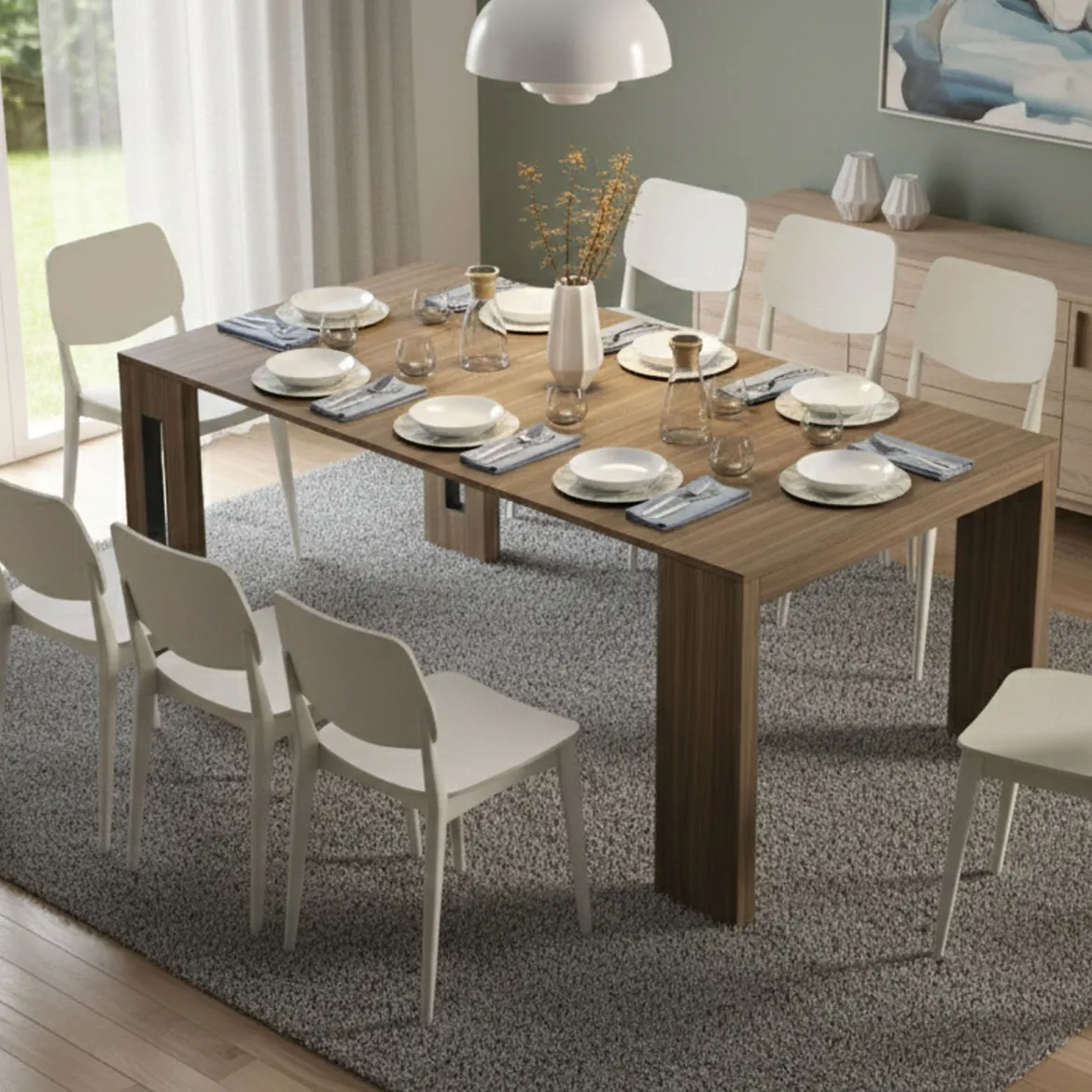 Consolle Allungabile Marrone Noce 8 Posti Allungabile 186x90x78h cm, Meccanismo Estensione a Incastro - Ficarolo