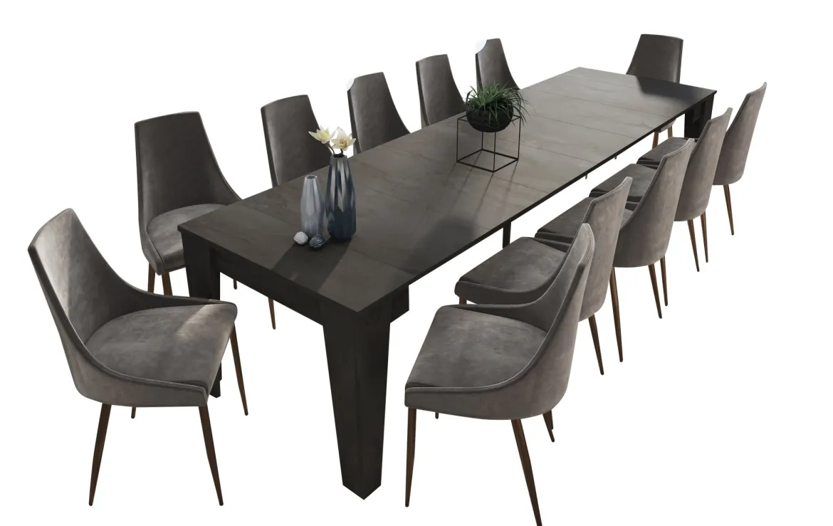 Consolle Allungabile Nero Antracite Allungabile 12 Posti 305.6x90x75.2h cm, Meccanismo Estensione Allunghe Centrali - Gizio