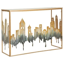 Consolle oro Grigio un Ripiano Piano con Profilo di Città 110x39x81h cm, Materiale Struttura in Vetro - Elda