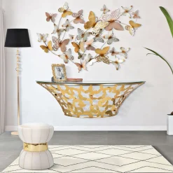 Consolle oro Trasparente un Ripiano Base con Decorazione con Farfalle 120x41x37h cm, Materiale Struttura in Vetro - Azrou
