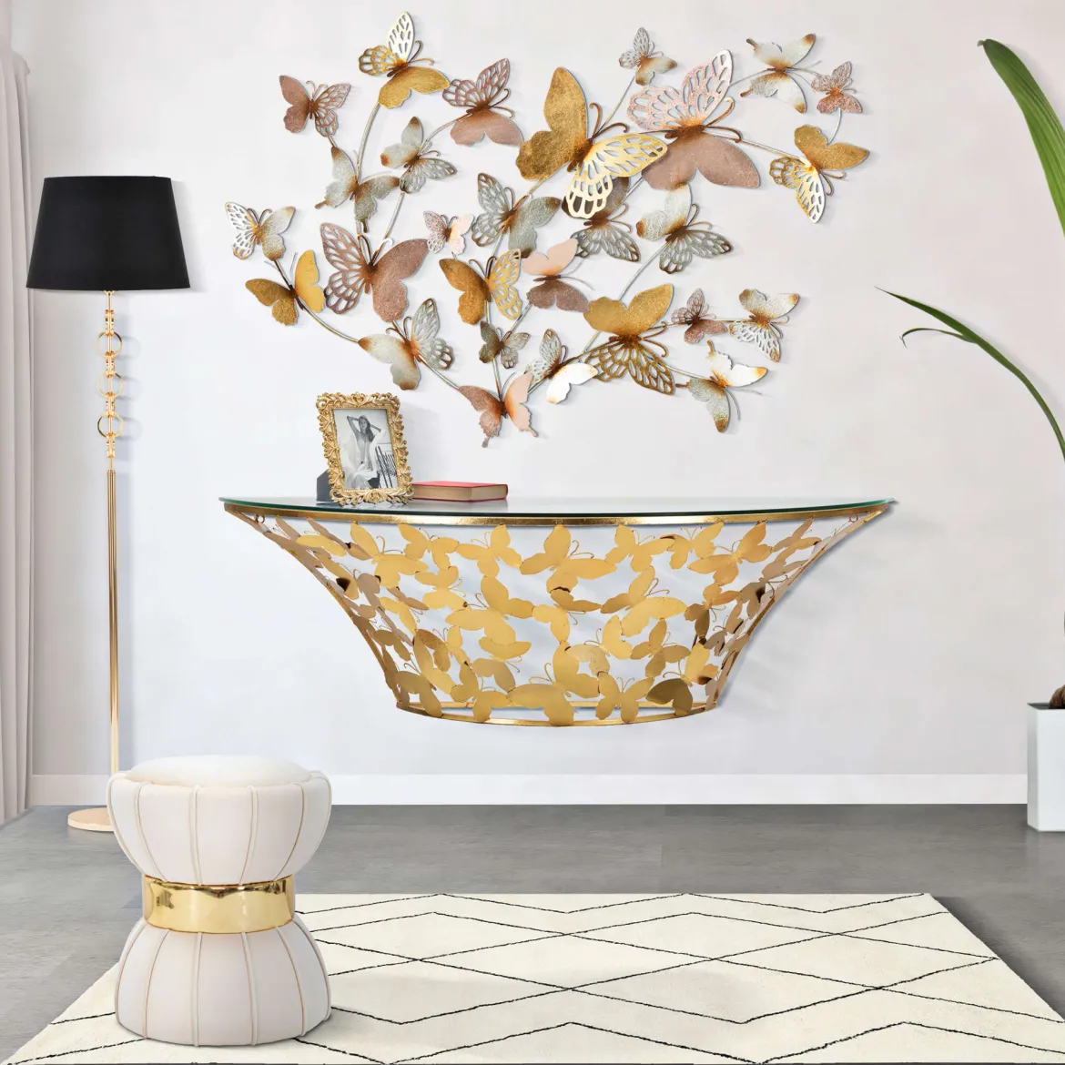 Consolle oro Trasparente un Ripiano Base con Decorazione con Farfalle 120x41x37h cm, Materiale Struttura in Vetro - Azrou