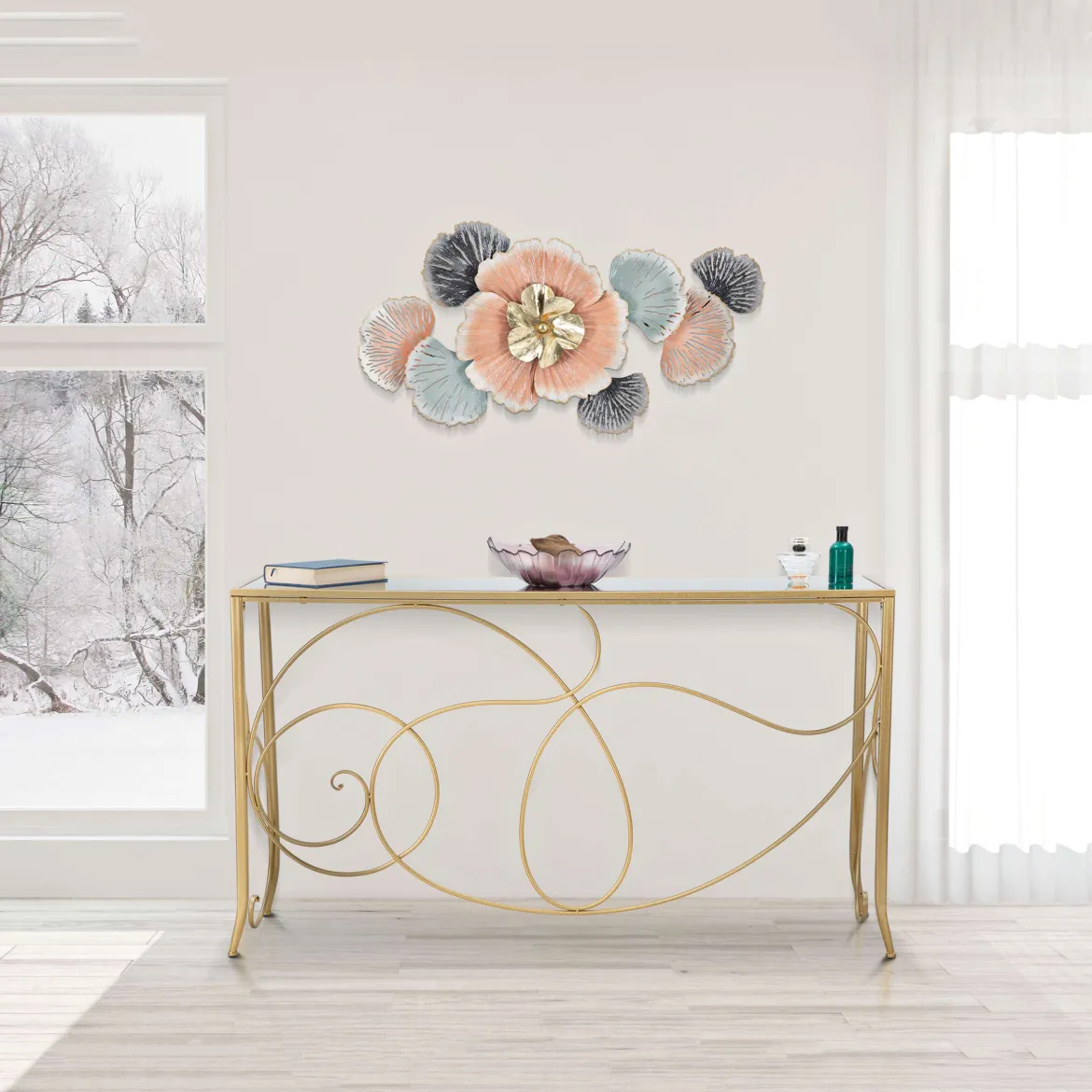 Consolle oro Trasparente un Ripiano Piano con Decorazione con Farfalle 100x35x80h cm, Materiale Struttura in Vetro - Meknes