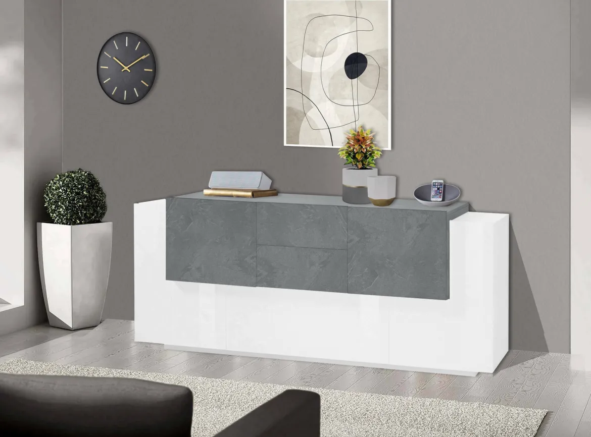 Credenza Akirum, cm 220x45h86, Bianco lucido e Ardesia