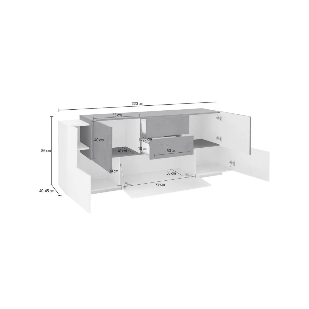 Credenza Akirum, cm 220x45h86, Bianco lucido e Ardesia