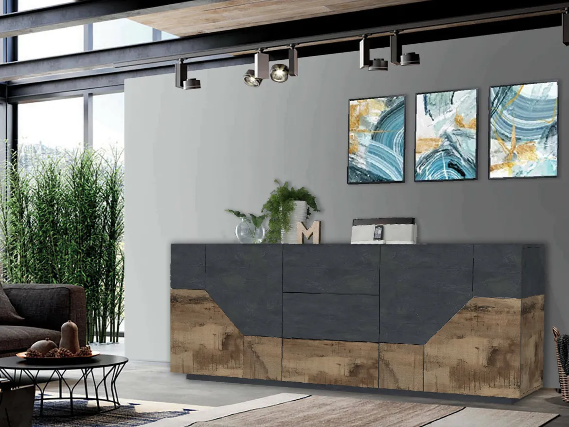 Credenza Almira, cm 220x43h86, Ardesia e Acero