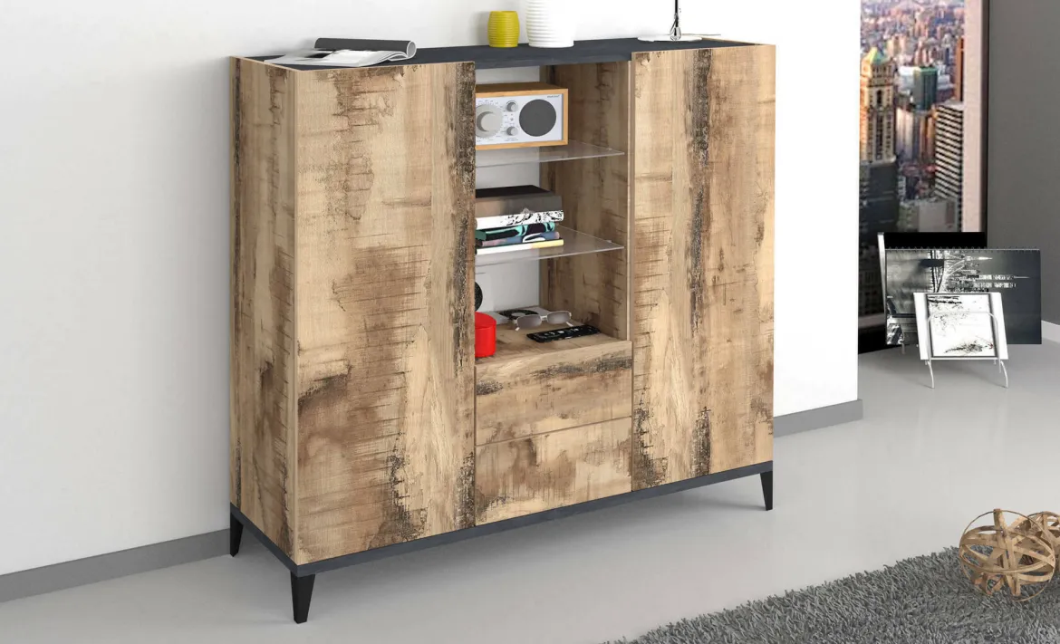 Credenza alta acero e ardesia 120x40x132h cm 2 ante e 2 cassetti - Scirocco