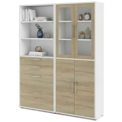Credenza alta bianca e quercia 178x40x221h cm 4 ante e 4 cassetti - Embabane