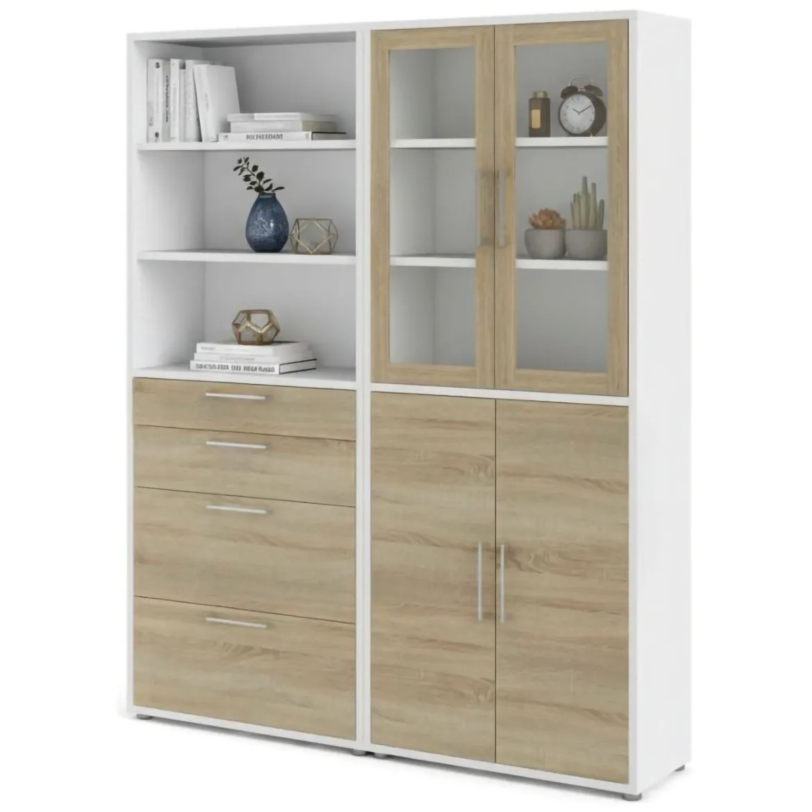 Credenza alta bianca e quercia 178x40x221h cm 4 ante e 4 cassetti - Embabane