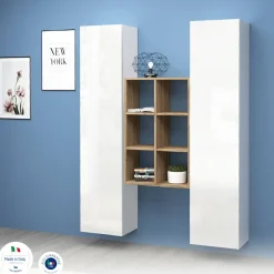 Credenza alta bianco lucida e ardesia 120x40x132h cm 2 ante e 2 cassetti - Scirocco