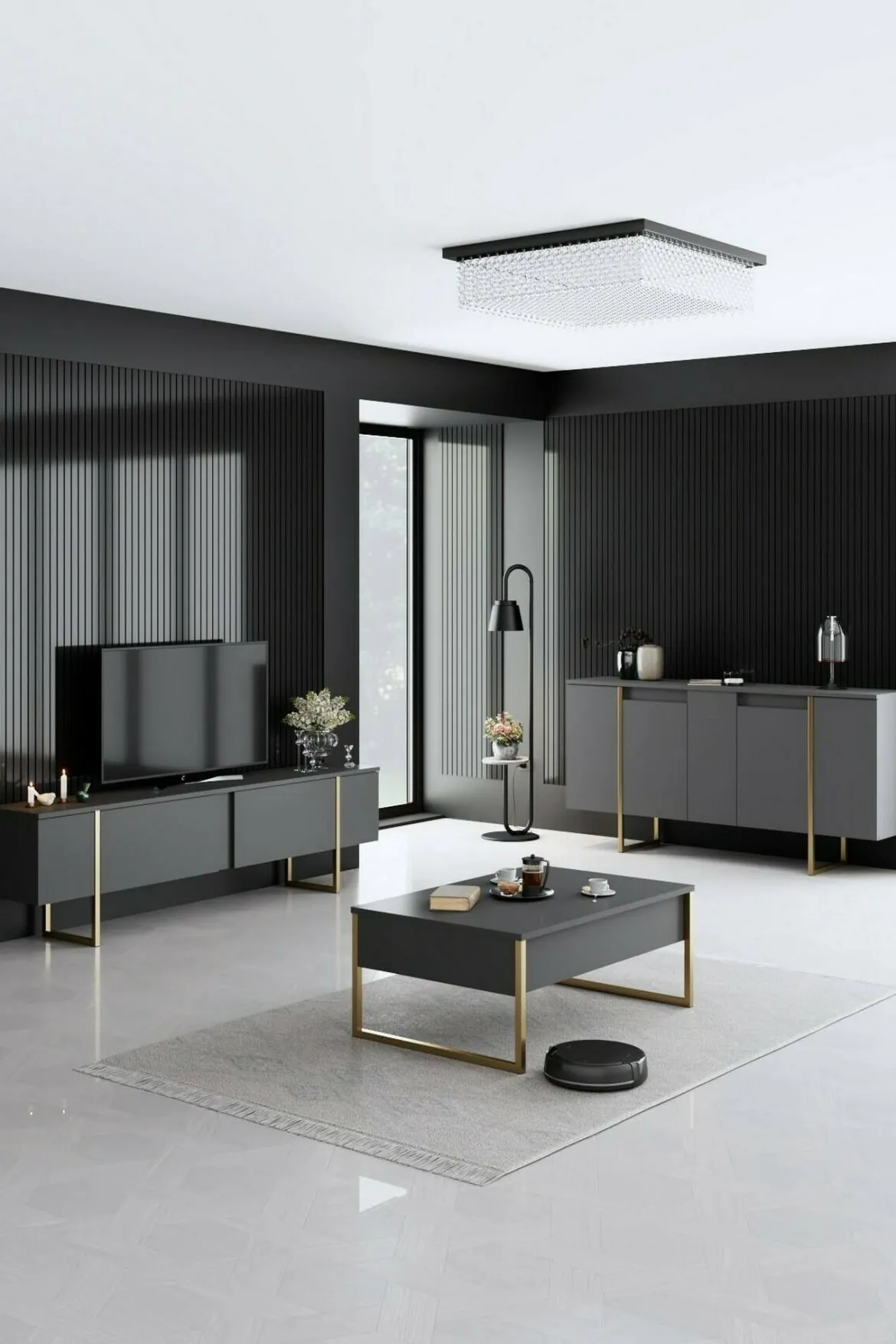 Credenza antracite e oro 160x35x80h cm 4 ante - Arta