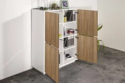 Credenza Ara, cm 100x41h126, Bianco lucido e Noce