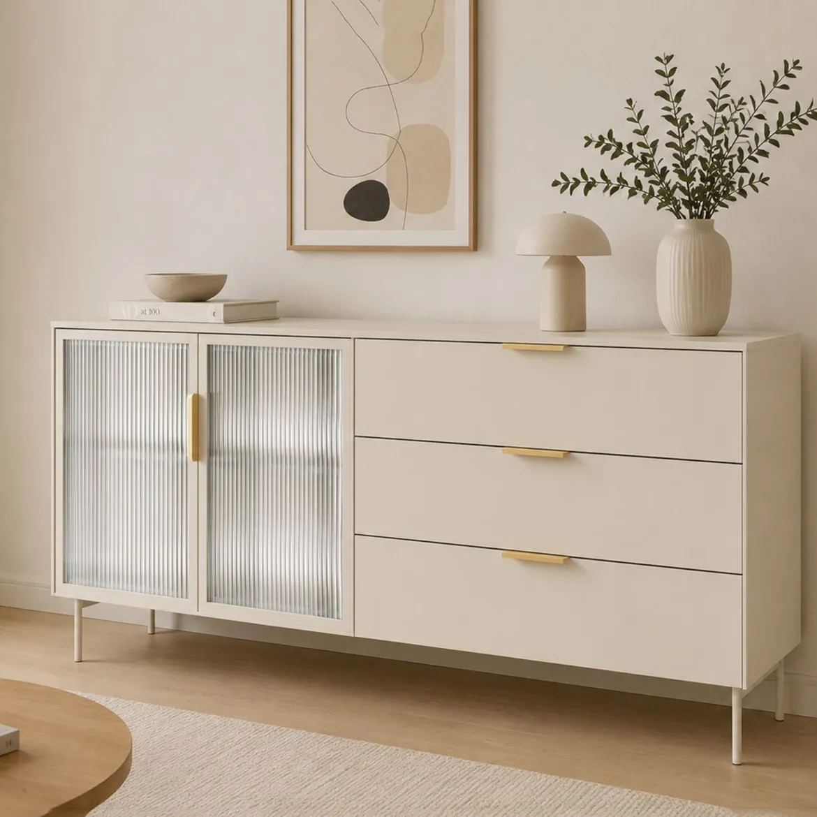 Credenza Beige Cashmere oro un Ripiano 3 Cassetti 181x39x83h cm, 2 Ante - Hara