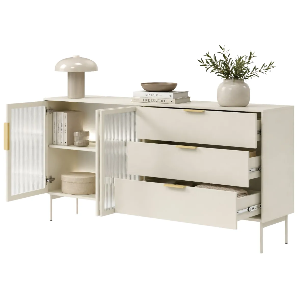 Credenza Beige Cashmere oro un Ripiano 3 Cassetti 181x39x83h cm, 2 Ante - Hara