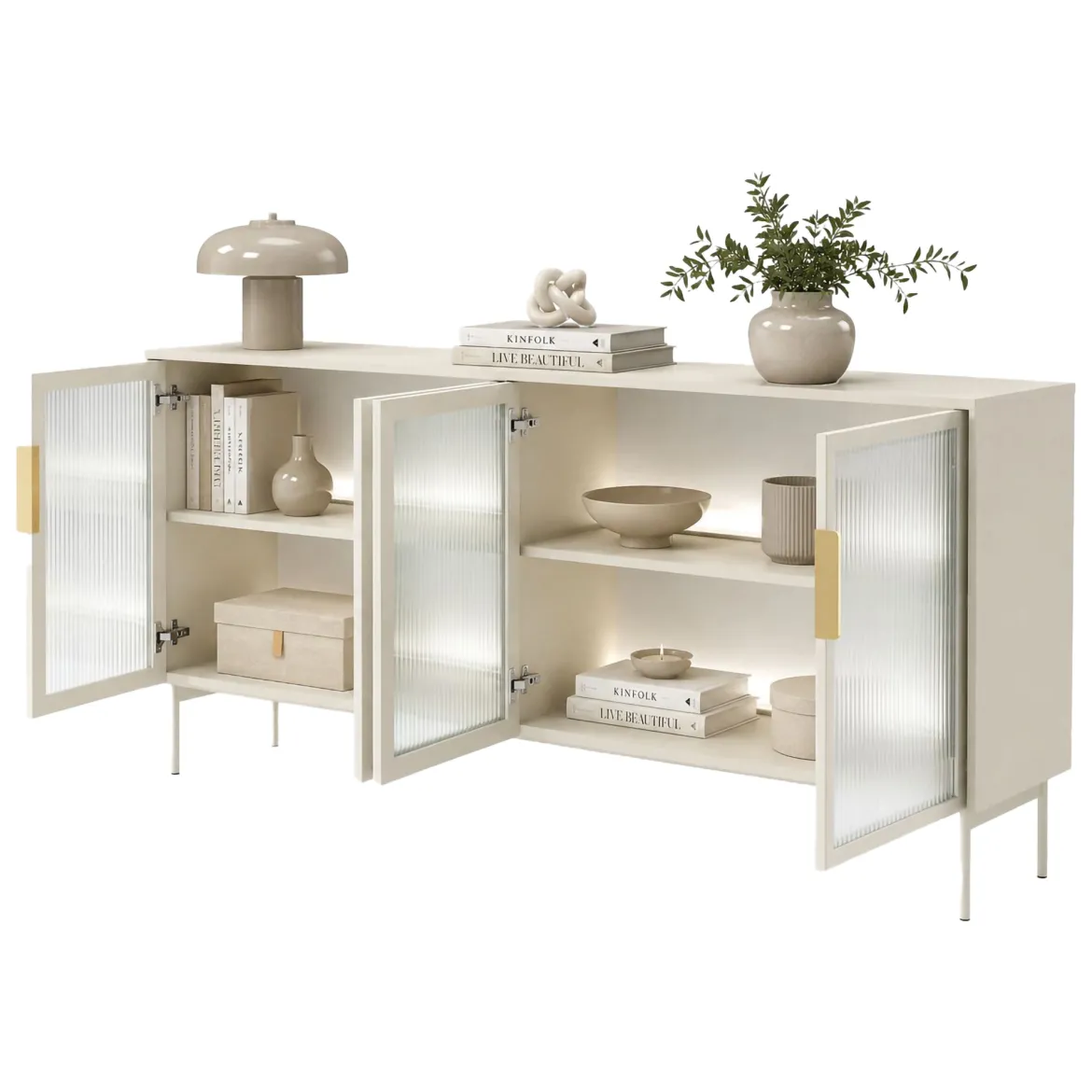 Credenza Beige Cashmere Trasparente 4 Ripiani Apertura Battente 181x39x83h cm, 4 Ante - Hapa