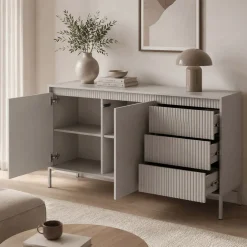 Credenza Beige 3 Cassetti 2 Ripiani 154x40x81h cm, Apertura Battente, Scorrevole - Hatomo