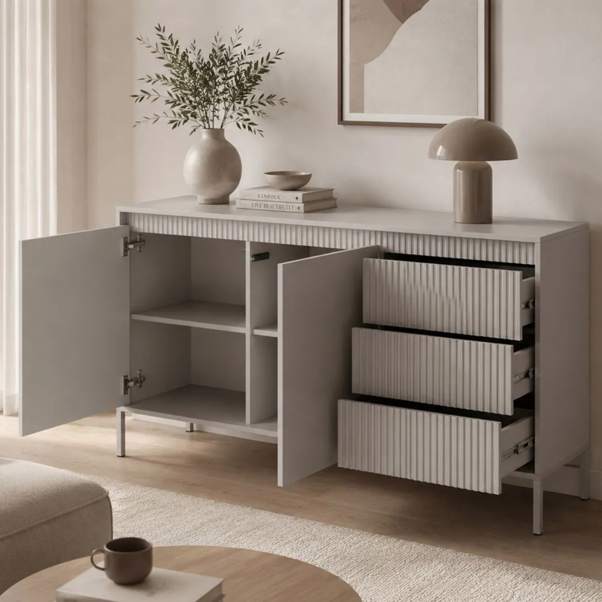 Credenza Beige 3 Cassetti 2 Ripiani 154x40x81h cm, Apertura Battente, Scorrevole - Hatomo