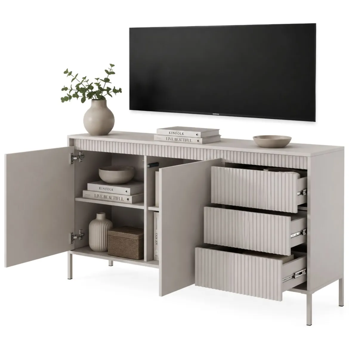 Credenza Beige 3 Cassetti 2 Ripiani 154x40x81h cm, Apertura Battente, Scorrevole - Hatomo