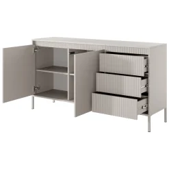 Credenza Beige 3 Cassetti 2 Ripiani 154x40x81h cm, Apertura Battente, Scorrevole - Hatomo