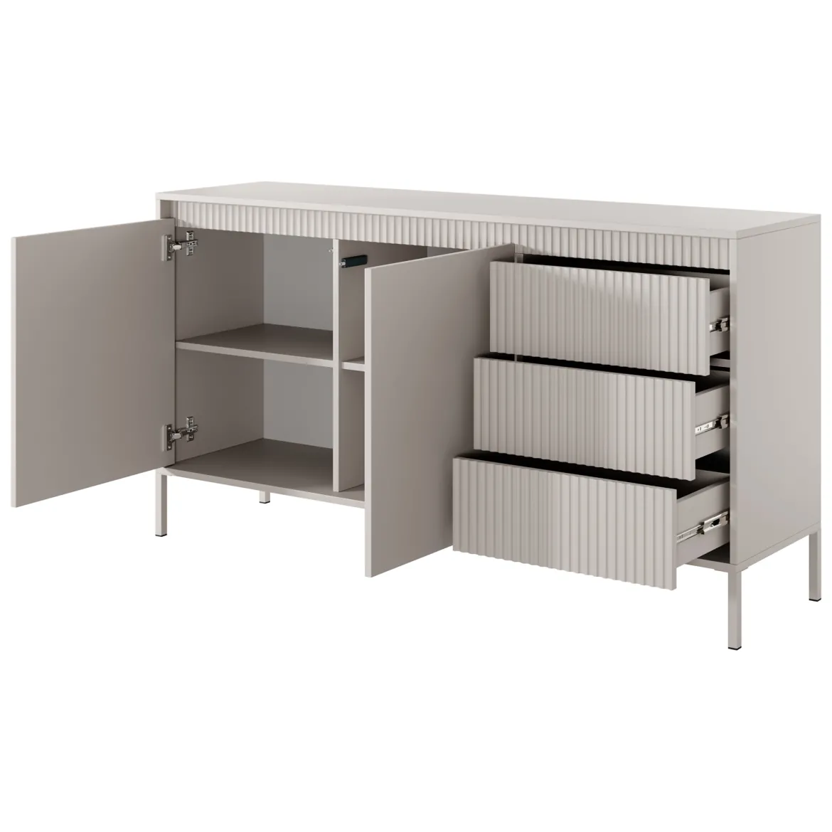 Credenza Beige 3 Cassetti 2 Ripiani 154x40x81h cm, Apertura Battente, Scorrevole - Hatomo