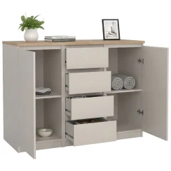 Credenza Beige 4 Cassetti 2 Ripiani 121x50x91h cm, Apertura Battente, Scorrevole - Angelika