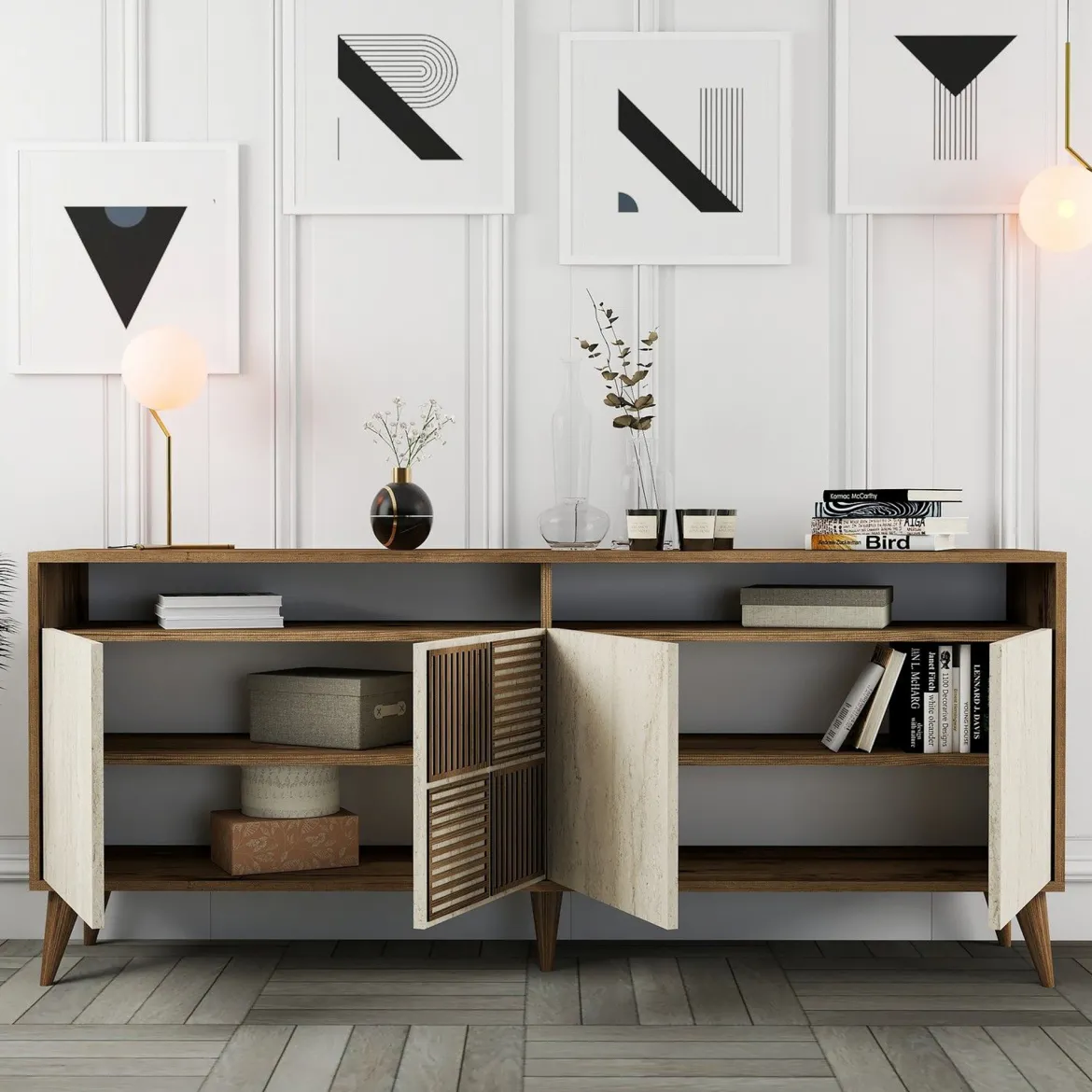 Credenza Beige Marmo Marrone Marmo 2 Ripiani 4 Ante 180x35x78h cm, 6 Vani - Roattos