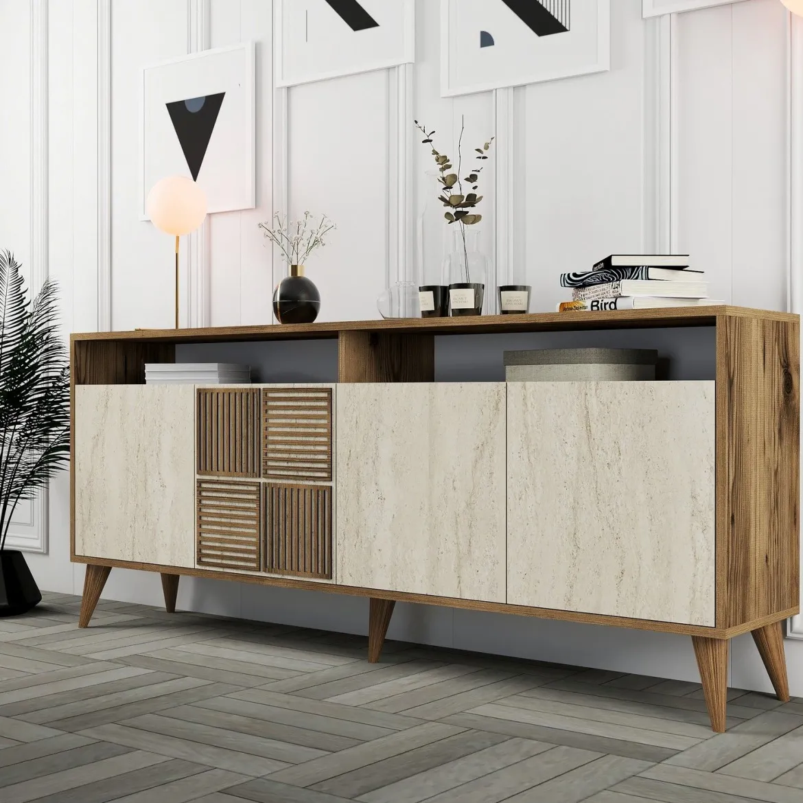 Credenza Beige Marmo Marrone Marmo 2 Ripiani 4 Ante 180x35x78h cm, 6 Vani - Roattos
