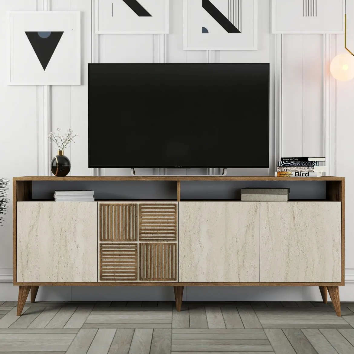 Credenza Beige Marmo Marrone Marmo 2 Ripiani 4 Ante 180x35x78h cm, 6 Vani - Roattos