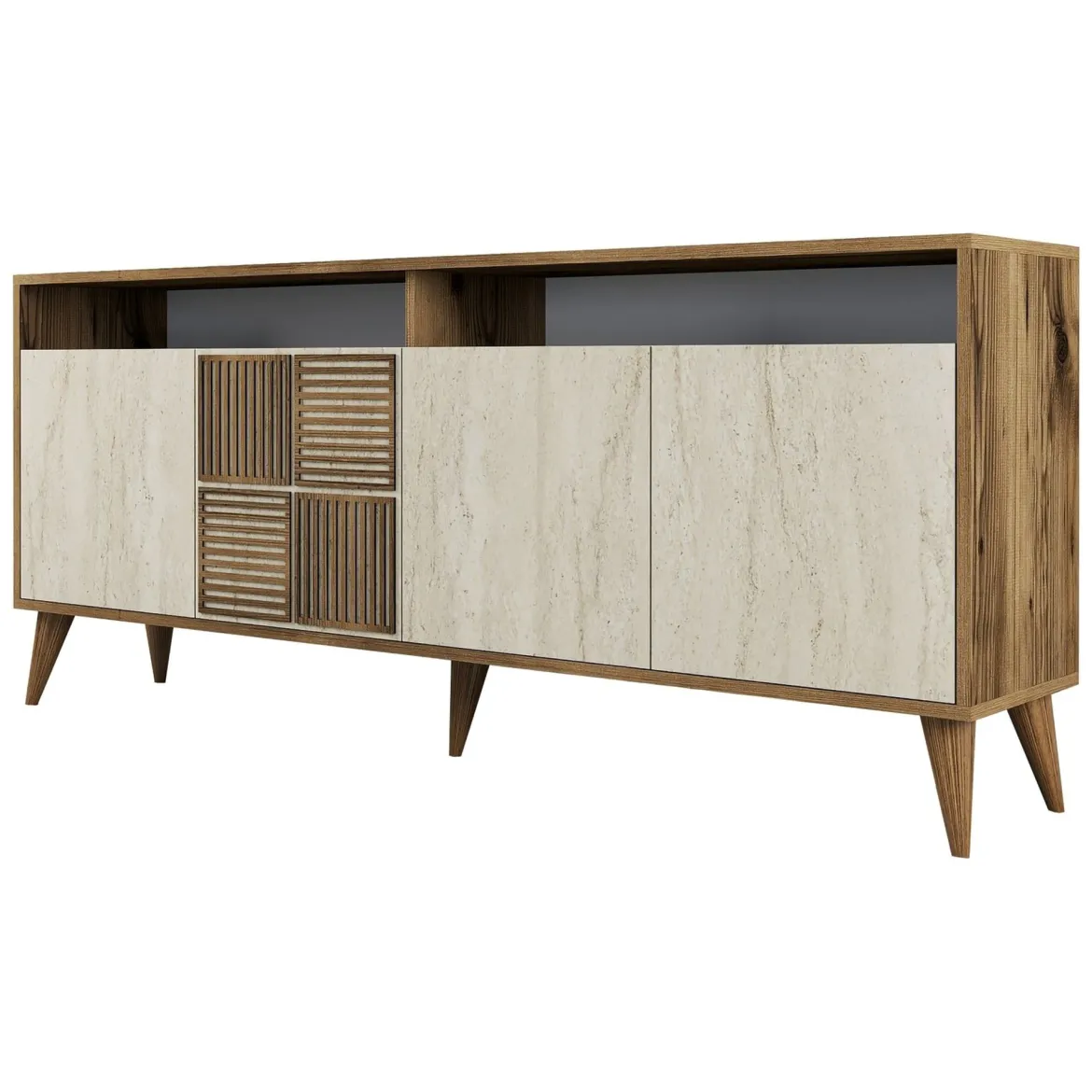 Credenza Beige Marmo Marrone Marmo 2 Ripiani 4 Ante 180x35x78h cm, 6 Vani - Roattos