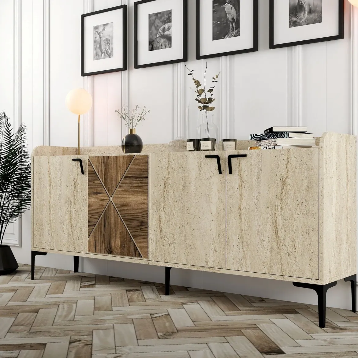 Credenza Beige Marmo Marrone Marmo 2 Ripiani 4 Vani 180x35x78h cm, 4 Ante - Roatto