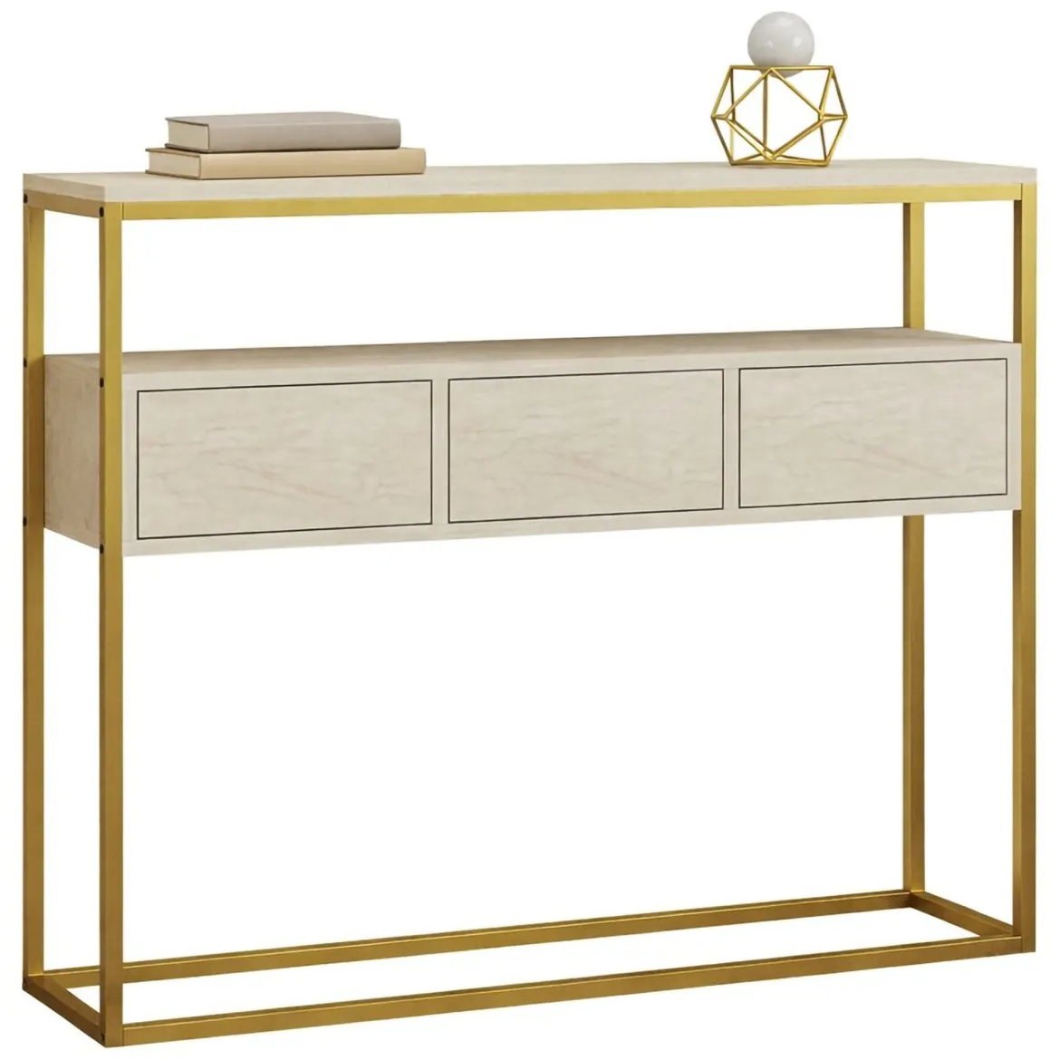 Credenza Beige Marmo oro 4 Vani 3 Ante 90x34x70h cm, Apertura a Ribalta - Gemonio