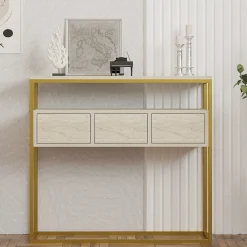 Credenza Beige Marmo oro 4 Vani 3 Ante 90x34x70h cm, Apertura a Ribalta - Gemonio