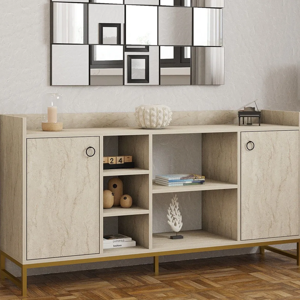 Credenza Beige Marmo 3 Ripiani 2 Ante 160x40x85h cm, 7 Vani - Gorzegno