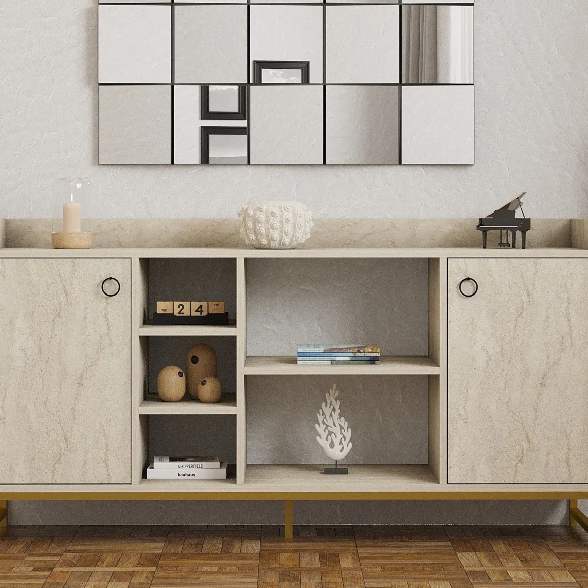 Credenza Beige Marmo 3 Ripiani 2 Ante 160x40x85h cm, 7 Vani - Gorzegno