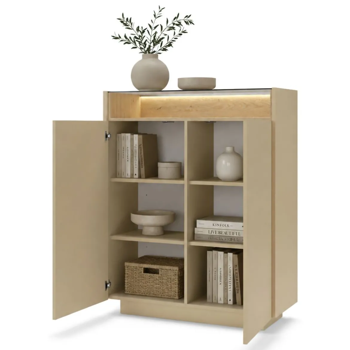 Credenza Beige Marrone 4 Ripiani Apertura Battente 103x40x119h cm, 2 Ante - Halane