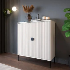 Credenza Beige Nero Cassetti 4 Ripiani 104x40x129h cm, Apertura Battente - Wallis